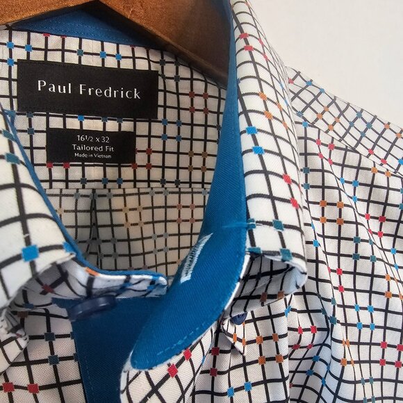 Paul Frederick Non-Iron Cotton Check Dress Shirt With Contrast Trim 16.5/32 - Picture 3 of 6